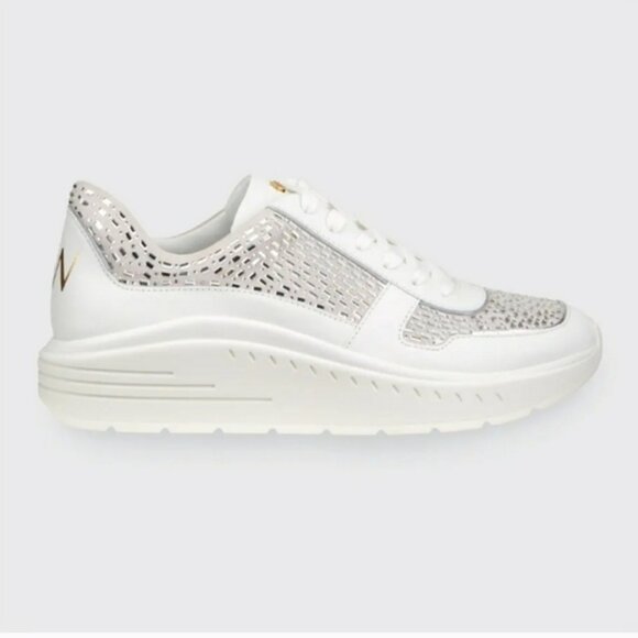 Stuart Weitzman CHRISTA White Leather Embellished Platform Sneaker Sz 8 - Picture 1 of 8